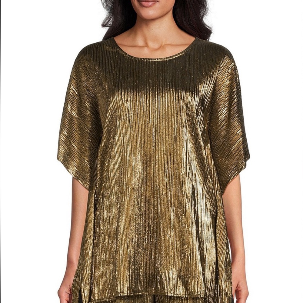 NWT Caroline Rose Metallic Plisse Scoop Neck Elbow Sleeve Caftan Top